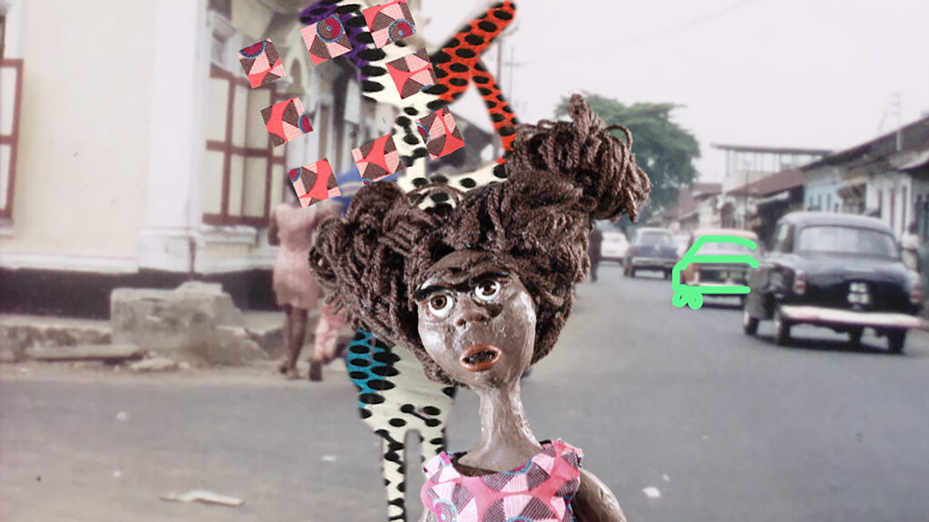 A clay model of a young Black girl in front of a road filled with cars  