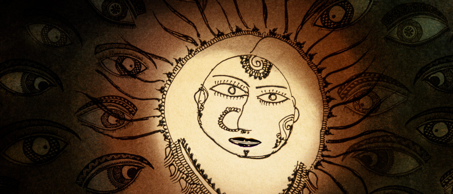 A mehndi tattoo style drawing of a face surrounded by eyes